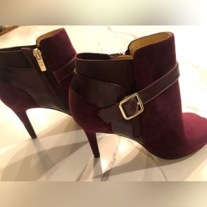 Marc Fisher Burgundy Suede Peep Toe Shootie.  Gold Hardware.